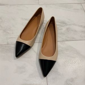 J Crew nude flat with black, pointed toe, size 9.5